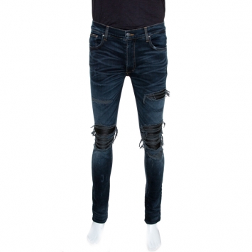 Pre Owned Amiri Blue Distressed Denim Leather Patched MX1 Jeans M