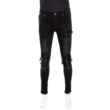 Pre Owned Amiri Black Distressed Denim Ribbed Leather Trim Skinny Jeans M