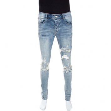 Pre Owned Amiri Blue Medium Washed Distressed Denim Bandana Patch Jeans M
