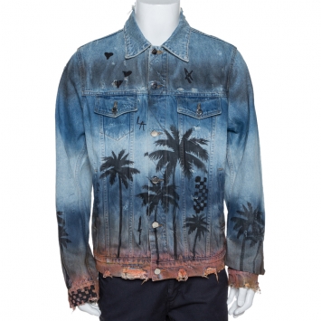 Pre Owned Amiri Blue Distressed Palm Tree Denim Jacket XL 