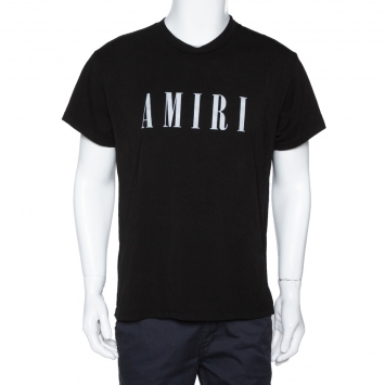 Pre Owned Amiri Black Logo Print Cotton Crew Neck T-Shirt S