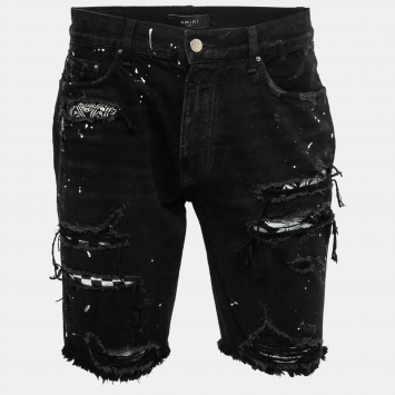 مملوكة مسبقًا Amiri Black Distressed Denim Bandana Detail Shorts S Waist 31"