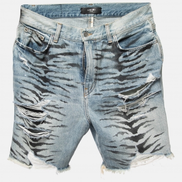 Pre Owned Amiri Light Blue Tiger Striped Distressed Denim Shorts M Waist 32"