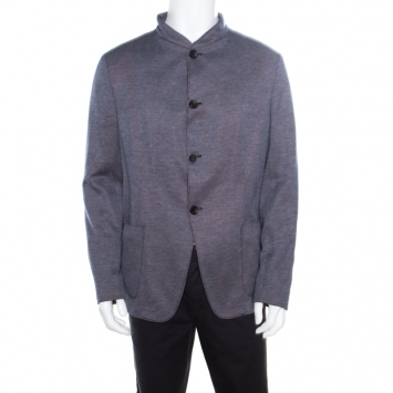 Pre Owned Armani Collezioni Navy Blue Jacquard Jersey Mandarin Collar Guru Jacket XXL