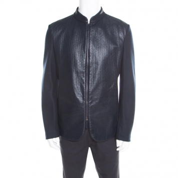 Pre Owned Armani Collezioni Navy Blue Wool Leather Front Panel Detail Zip Front Jacket XXL