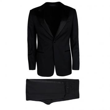 Pre Owned Armani Collezioni Black Wool Satin Panel Detail Tuxedo Suit M