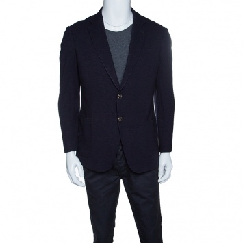 Pre Owned Armani Collezioni Navy Blue Knit Two Button Tailored Blazer L