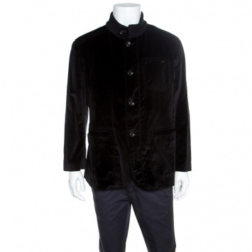 Pre Owned Armani Collezioni Black Velvet Knit Collar Detail Button Front Jacket XXXL