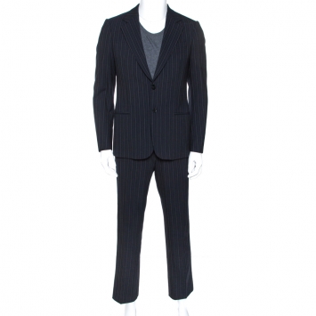 Pre Owned Armani Collezioni Dark Blue Pinstriped Wool Tailored Suit M
