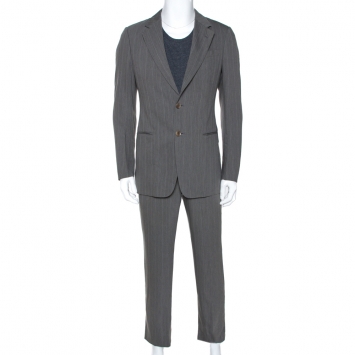 Pre Owned Armani Collezioni Grey Herringbone Wool Blend Tailored Suit M