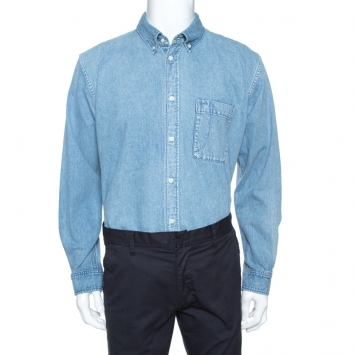 Pre Owned Balenciaga Blue Logo Print Denim Button Down Long Fit Shirt S