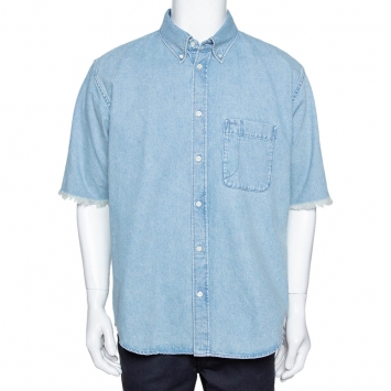Pre Owned Balenciaga Blue Denim Raw Edge Detail Short Sleeve Oversized Shirt S 