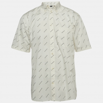 Pre Owned Balenciaga White Logo Print Cotton Short Sleeve Oversized Shirt XS
