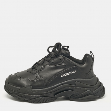 Pre Owned Balenciaga Black Leather Triple S Lace Up Sneakers Size 43