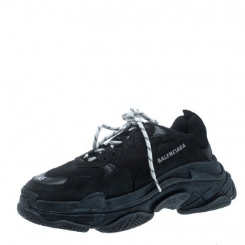 Pre Owned Balenciaga Black Mesh And Leather Triple S Platform Sneakers Size 42
