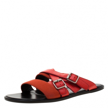 Pre Owned Balenciaga Red Leather And Canvas Flat Sandals Size 43