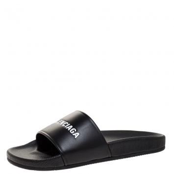Pre Owned Balenciaga Black Leather Pool Flat Slides Size 42 
