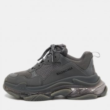 Pre Owned Balenciaga Grey Leather and Mesh Triple S Clear Sneakers Size 43