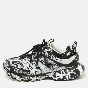 Pre Owned Balenciaga Black Graffiti Mesh and Faux Leather Track Sneakers Size 45