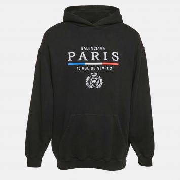 Pre Owned Balenciaga Black Flag Logo Embroidery Cotton Knit Oversized Hoodie XS