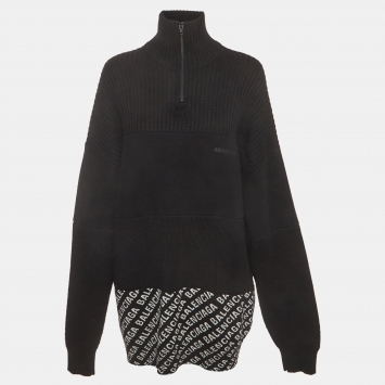 Pre Owned Balenciaga Black Rib Knit Logo Print Panelled Oversized Sweater S