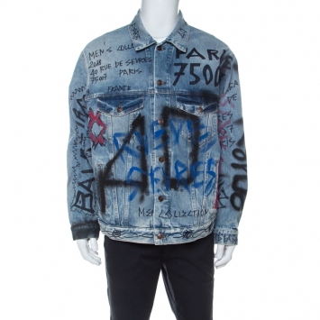 Pre Owned Balenciaga Indigo Seasonal Graffiti Print Oversized Denim Jacket S
