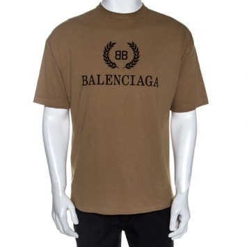 Pre Owned Balenciaga Beige BB Logo print Cotton T-Shirt M