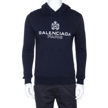Pre Owned Balenciaga Navy Blue Logo Print Cotton Hooded Sweatshirt S