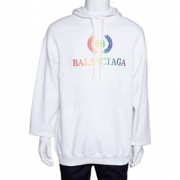 Pre Owned Balenciaga White Embroidered Logo Cotton Oversized Hoodie XS