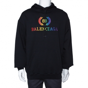 Pre Owned Balenciaga Black Embroidered Logo Cotton Oversized Hoodie S