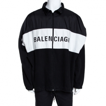 Pre Owned Balenciaga Black & White Denim & Synthetic Trim Logo Printed Jacket M