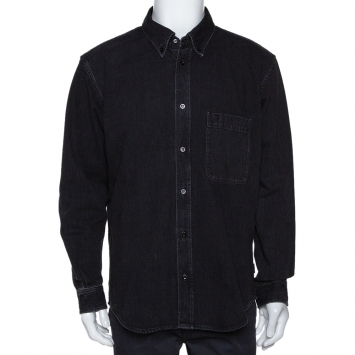 Pre Owned Balenciaga Black Rear Logo Print Denim Long Sleeve Oversized Shirt S