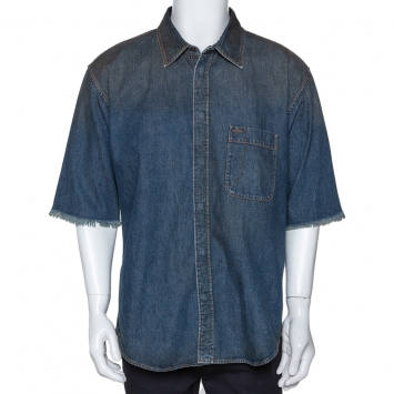 Pre Owned Balenciaga Indigo Logo Embroidered Rustic Denim Short Sleeve Shirt M