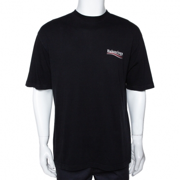 Pre Owned Balenciaga Black Cotton Campaign Logo Crew Neck T Shirt M 