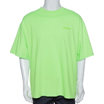 Pre Owned Balenciaga Fluorescent Green Ego Print Cotton Oversized T-Shirt M