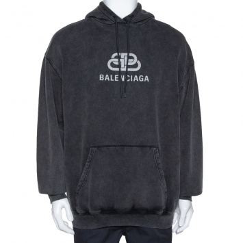 Pre Owned Balenciaga Black Logo Print Washed Cotton Oversized Hoodie S