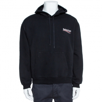 Pre Owned Balenciaga Black Cotton Political Logo Hooded Sweatshirt XL