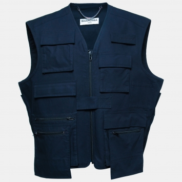 Pre Owned Balenciaga Navy Blue Cotton Oversize Multi Pocket Vest S