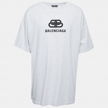 Pre Owned Balenciaga Grey Logo Print Cotton Oversized T-Shirt M