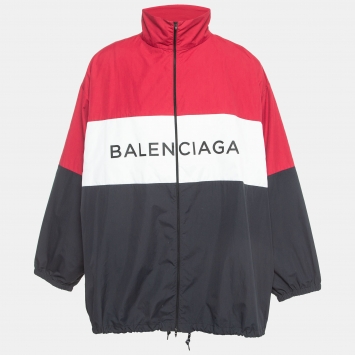 Pre Owned Balenciaga Multicolor Logo Print Nylon Zip Front Drawstring Hem Oversized Jacket XXS