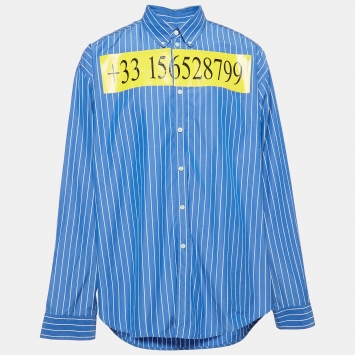 Pre Owned Balenciaga Blue Fake Hotline Print Cotton Shirt M