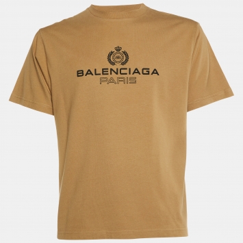 Pre Owned Balenciaga Brown Logo Printed Cotton T-Shirt XS