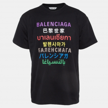Pre Owned Balenciaga Black Logo Print Cotton Crew Neck T-Shirt L