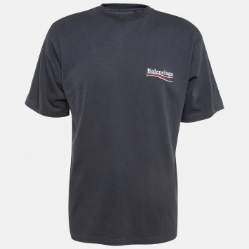 Pre Owned Balenciaga Grey Embroidered Cotton Oversized T-Shirt XS