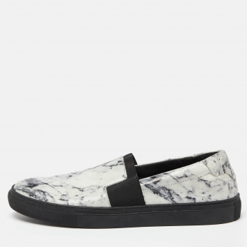 Pre Owned Balenciaga White/Black Marble Print Leather Slip On Sneakers Size 46