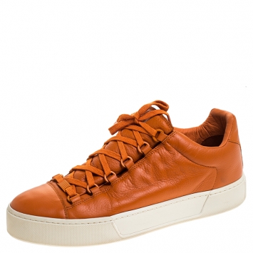 Pre Owned Balenciaga Orange Leather Lace Up Hi Top Sneakers Size 43