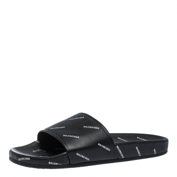 Pre Owned Balenciaga Black Leather Logo Stamped Slide Sandals Size 41