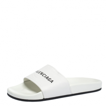 Pre Owned Balenciaga White Leather Logo Slide Sandals Size 41