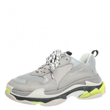 مملوكة مسبقًا Balenciaga Grey/Neon Mesh, Nubuck And Leather Triple S Platform Sneakers Size 44
