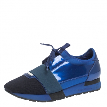 مملوكة مسبقًا Balenciaga Blue/Black Leather And Mesh Race Runners Sneakers Size 40